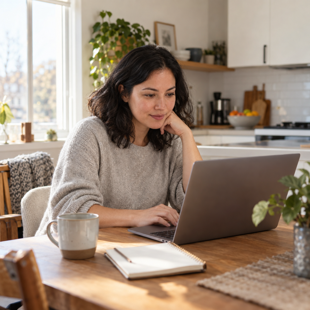 Person reviewing information on a laptop at home