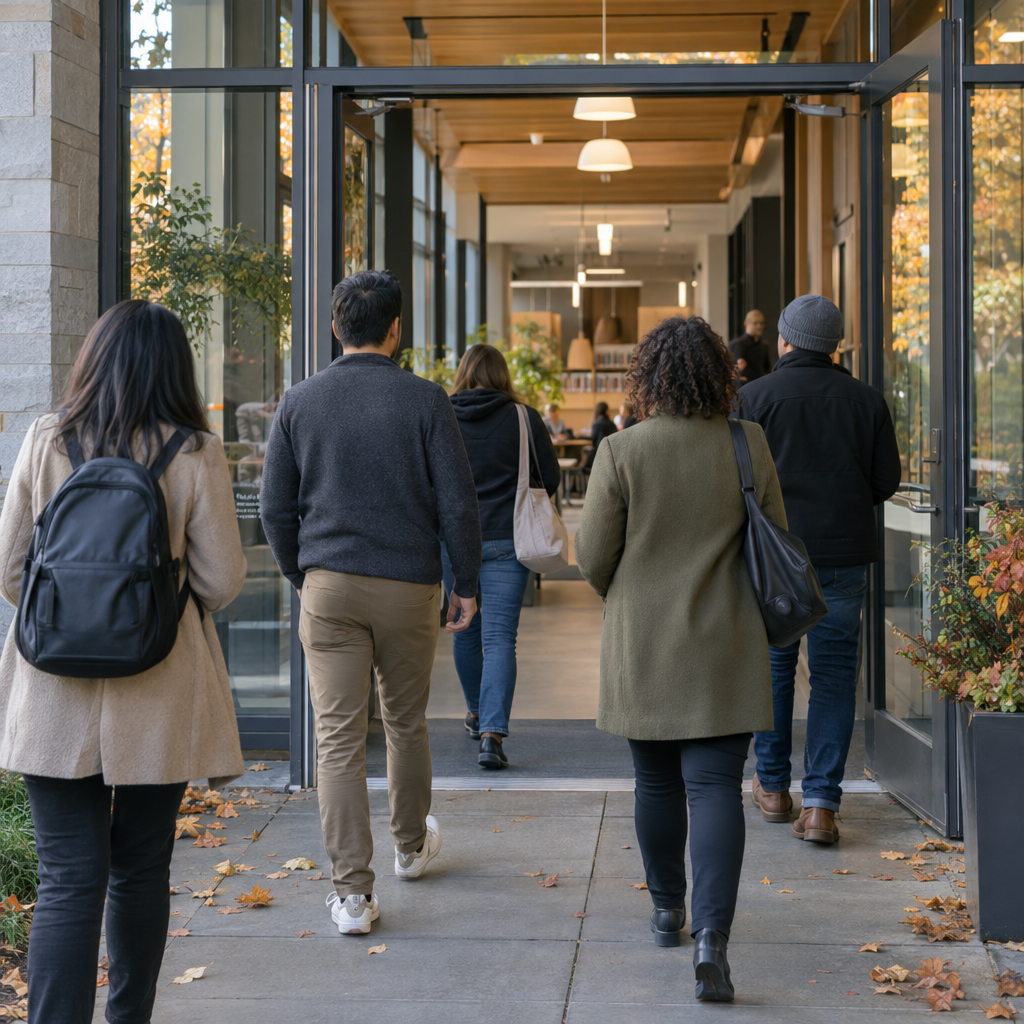 People entering a modern community information space