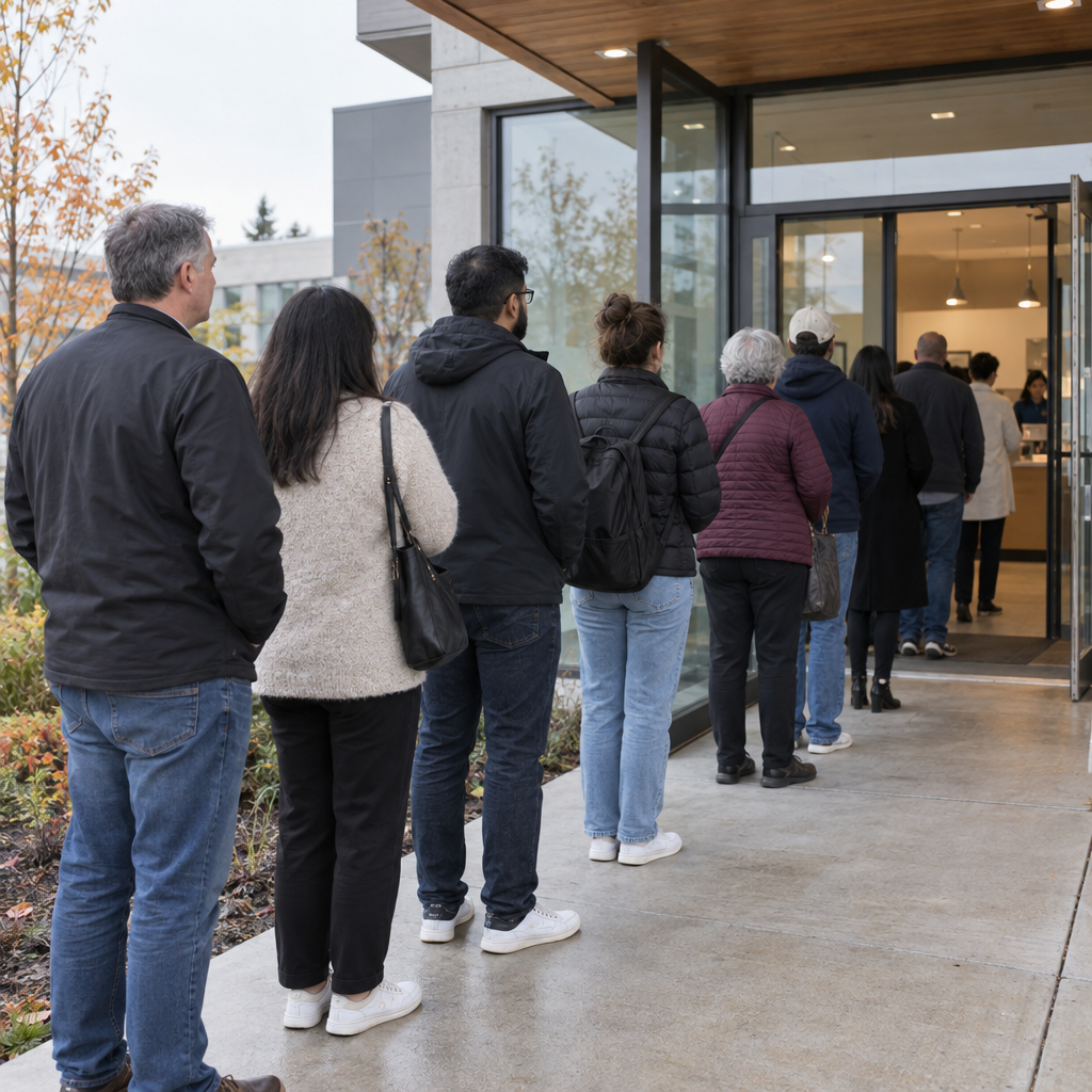 People waiting in an orderly line outside a modern information centre